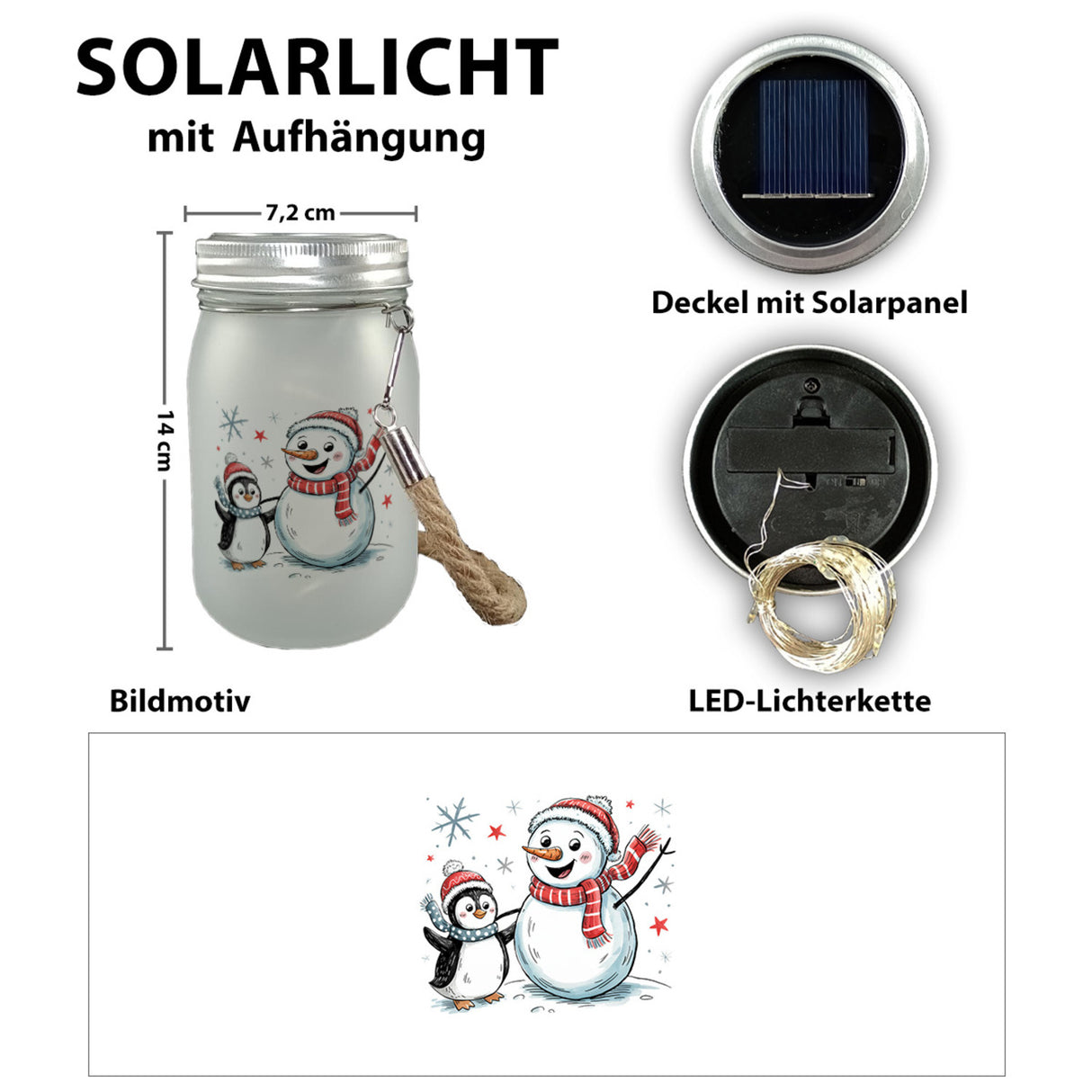 Schneemann und Pinguin mit Schneeflocken Solarlicht für Winterliebhaber