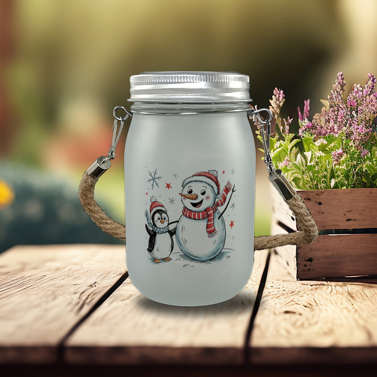 Schneemann und Pinguin mit Schneeflocken Solarlicht für Winterliebhaber