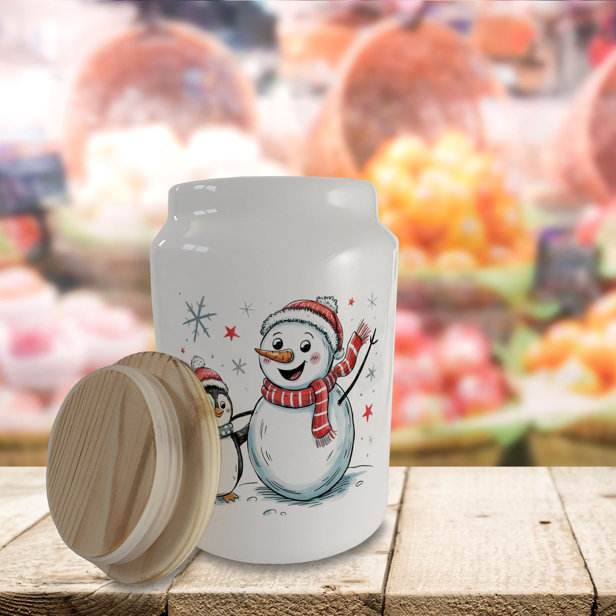 Schneemann und Pinguin mit Schneeflocken Keksdose n für Winterliebhaber