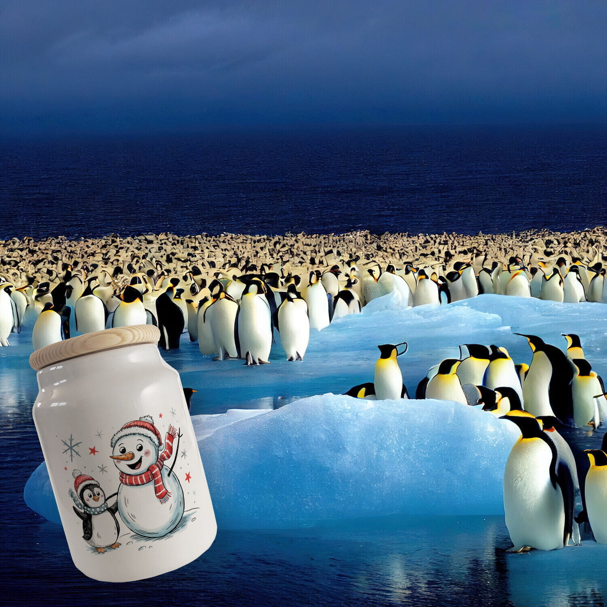 Schneemann und Pinguin mit Schneeflocken Keksdose n für Winterliebhaber