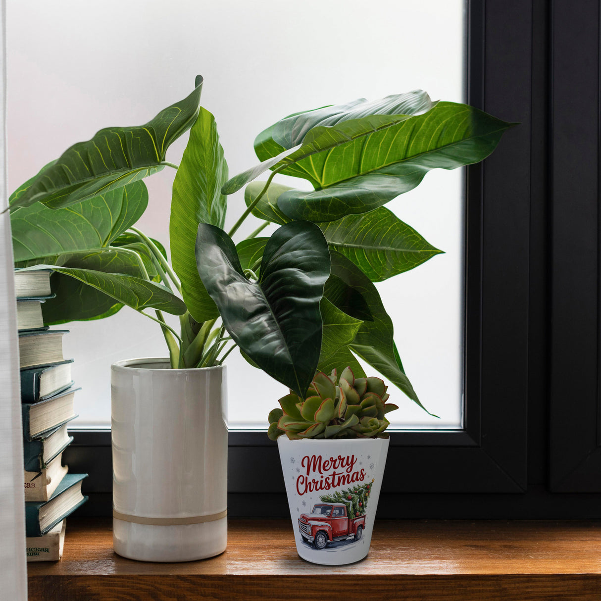 Merry Christmas Blumentopf mit Rotem Truck und Weihnachtsbaum