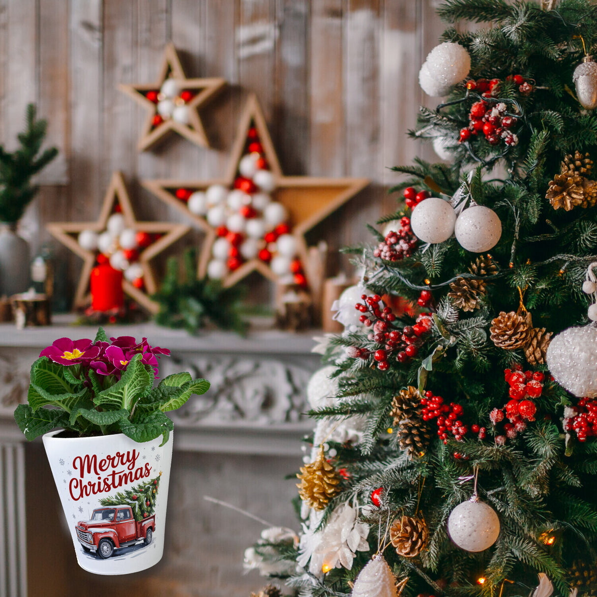 Merry Christmas Blumentopf mit Rotem Truck und Weihnachtsbaum