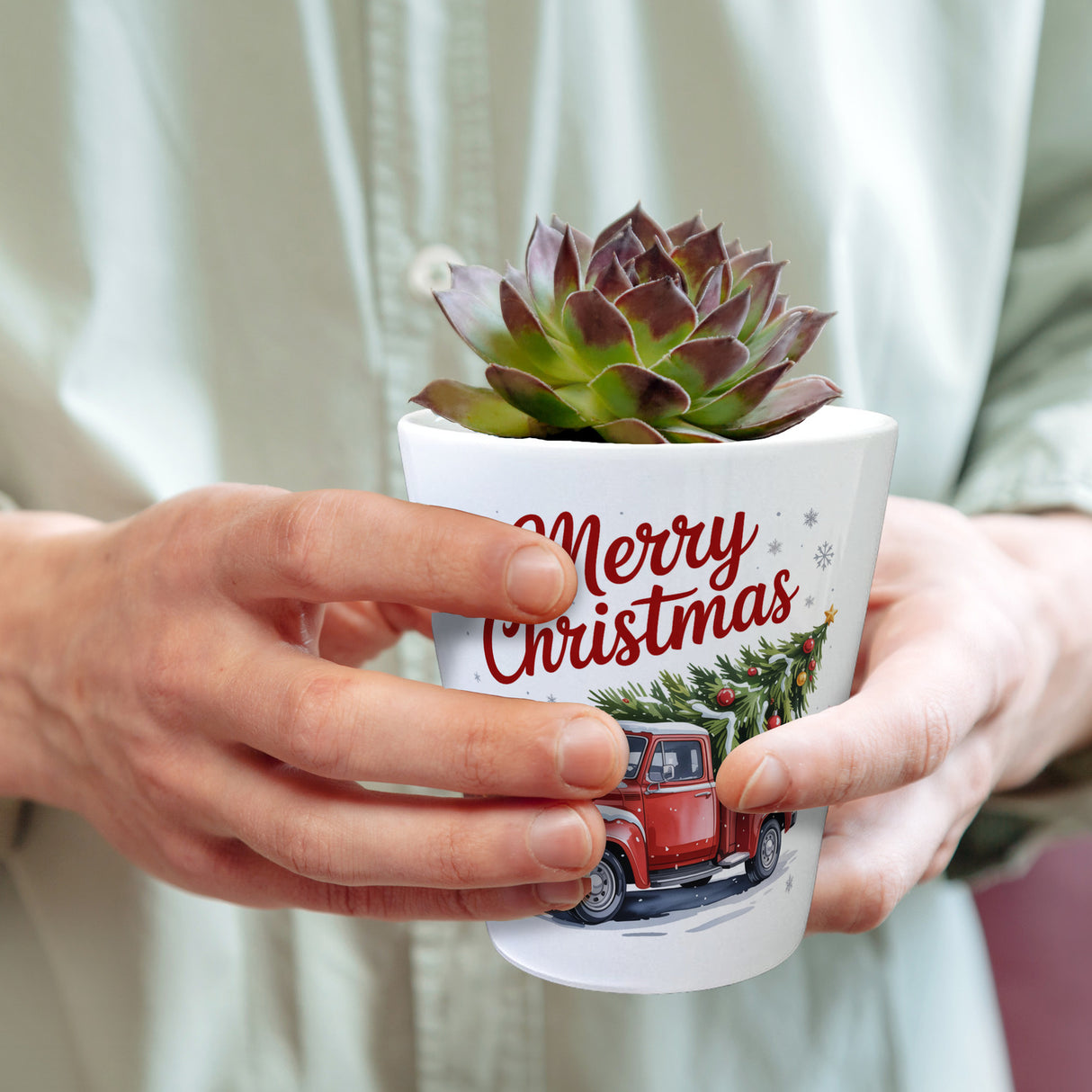 Merry Christmas Blumentopf mit Rotem Truck und Weihnachtsbaum