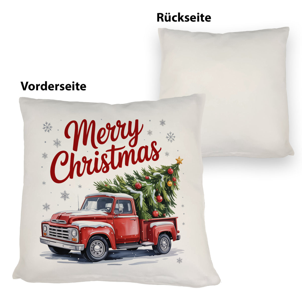 Merry Christmas Kissen mit Rotem Truck und Weihnachtsbaum