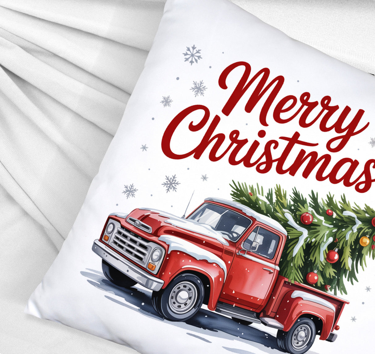 Merry Christmas Kissen mit Rotem Truck und Weihnachtsbaum