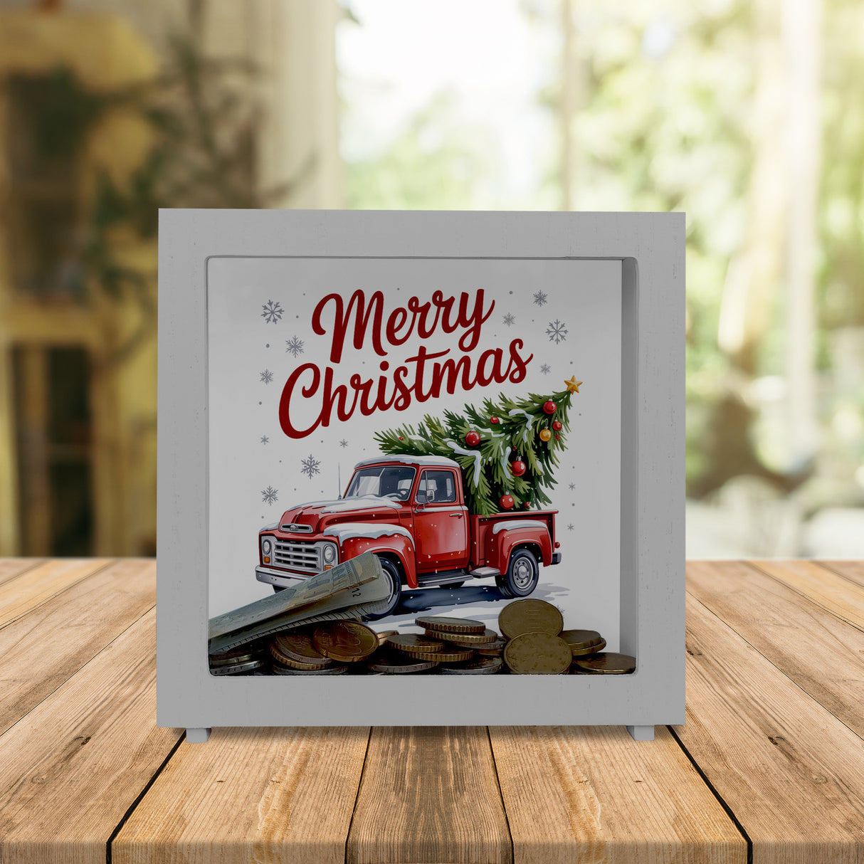 Merry Christmas Spardose mit Rotem Truck und Weihnachtsbaum