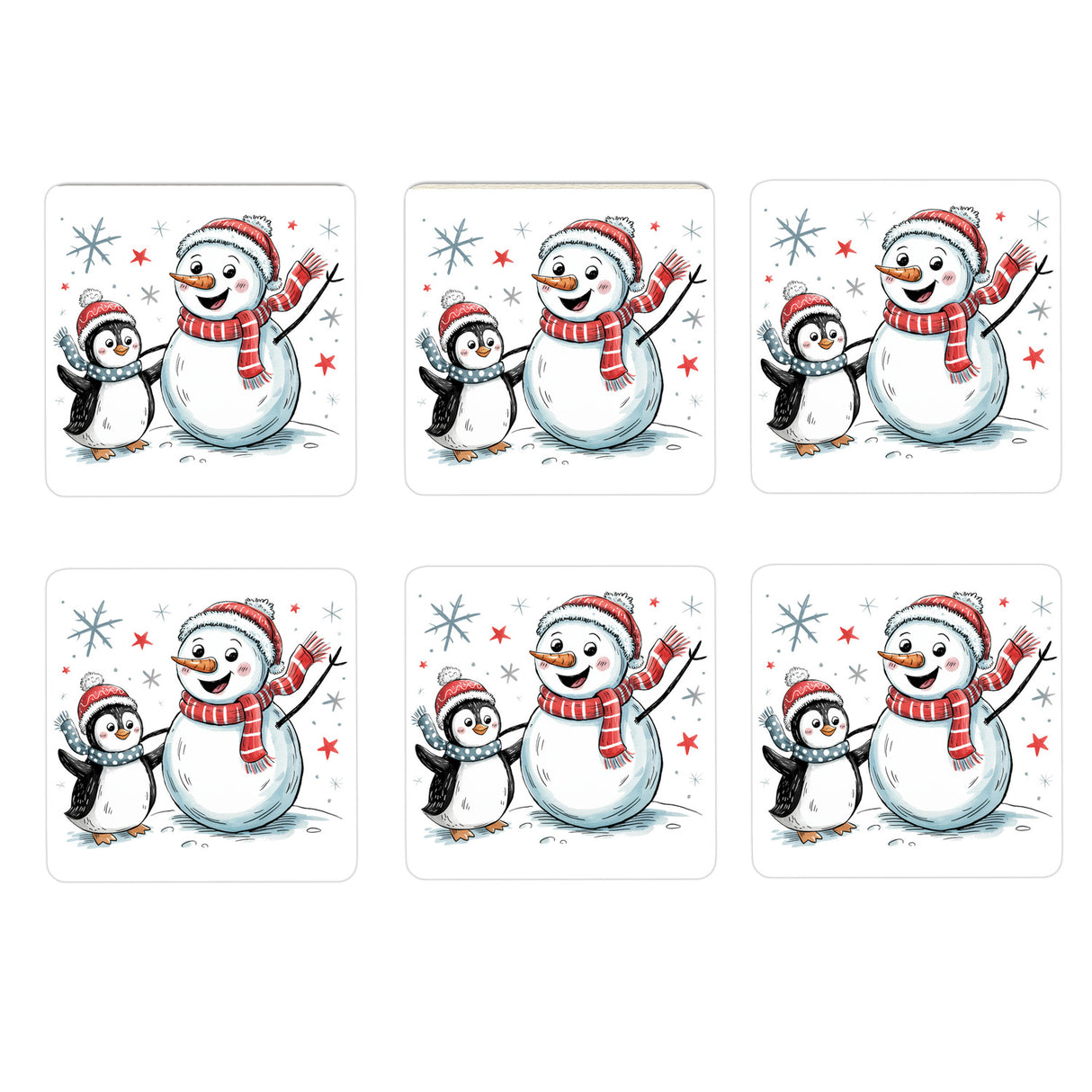 Schneemann und Pinguin mit Schneeflocken Untersetzer für Winterliebhaber