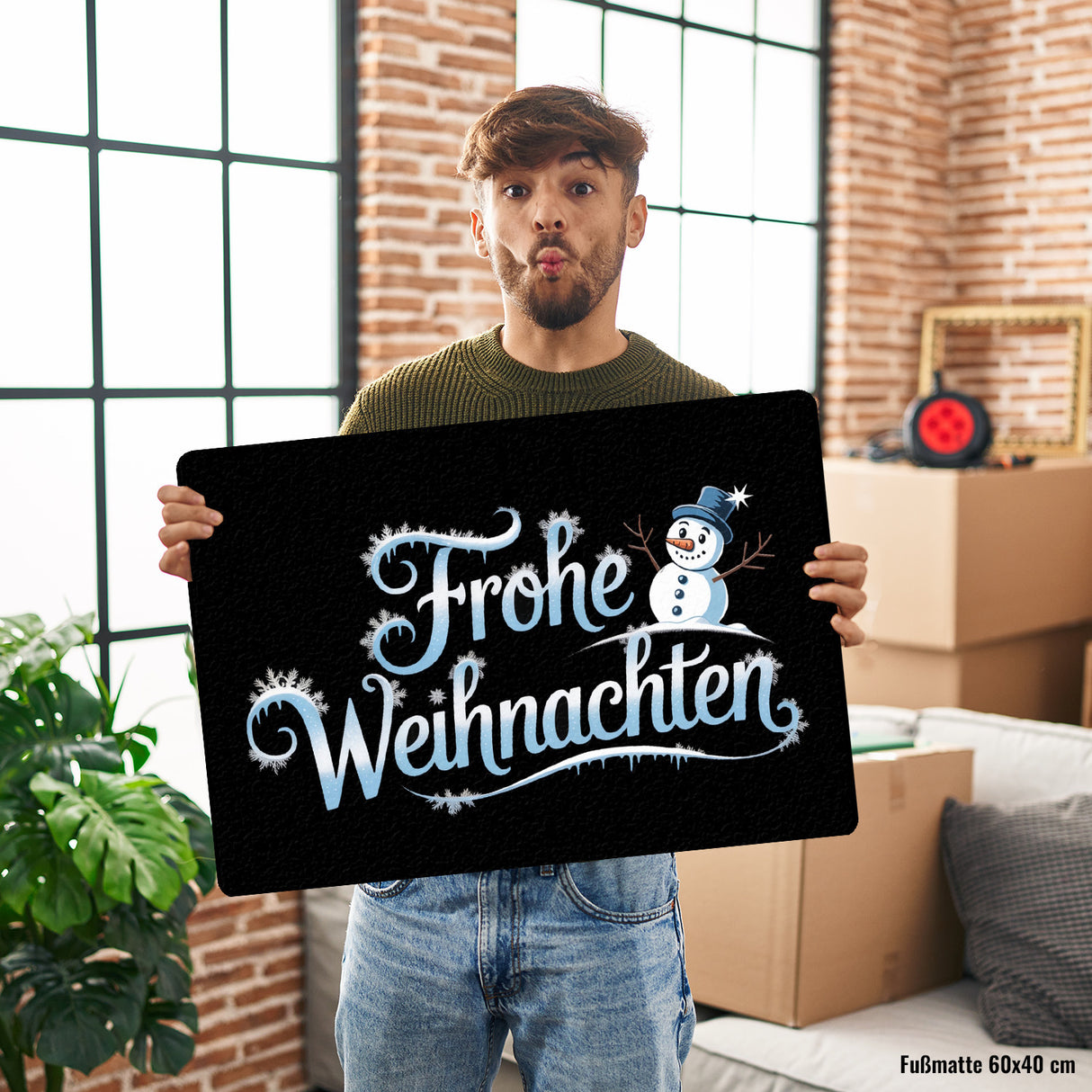 Frohe Weihnachten mit Schneemann Fußmatte in 35x50 cm ohne Rand