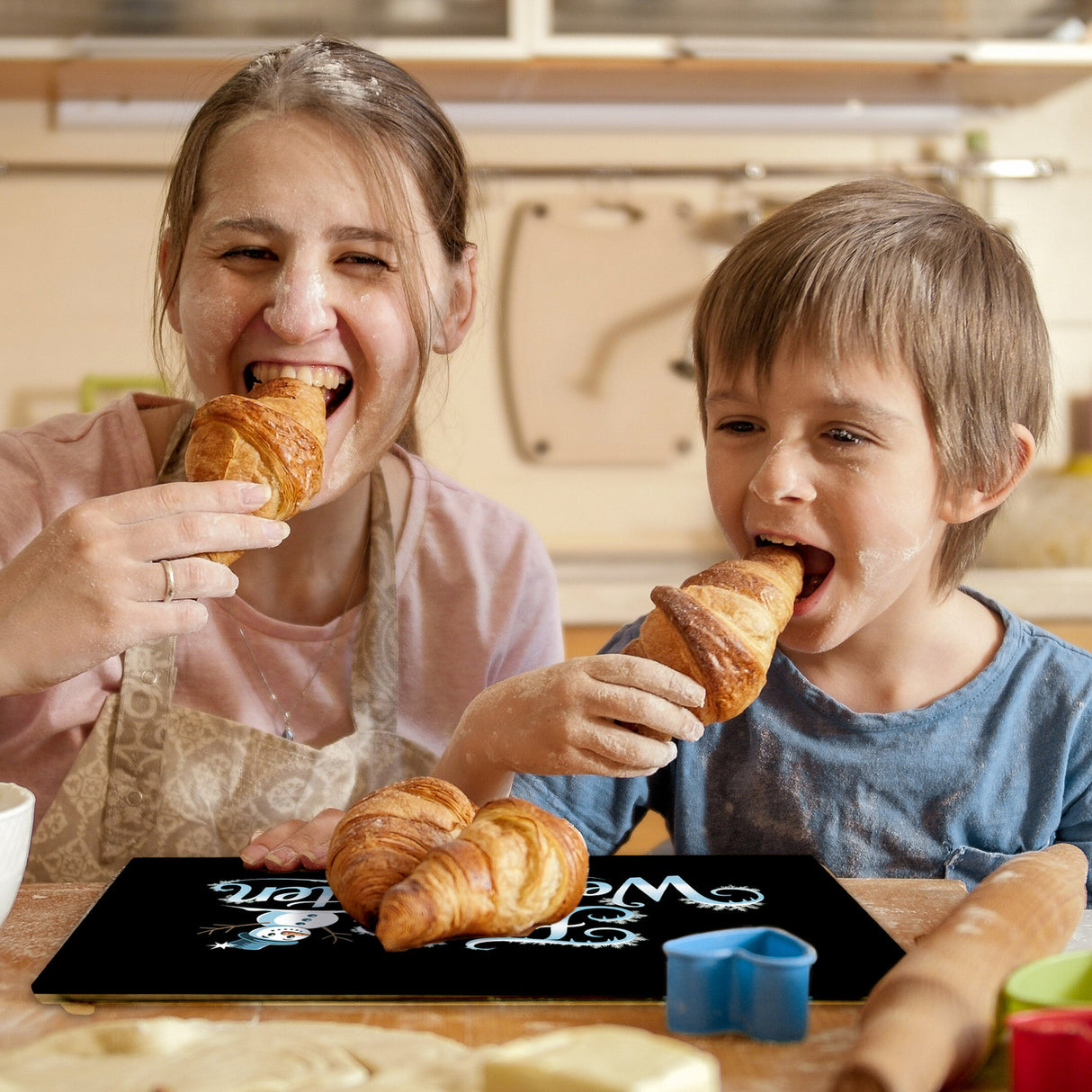 Frohe Weihnachten mit Schneemann Schneidebrett aus Glas