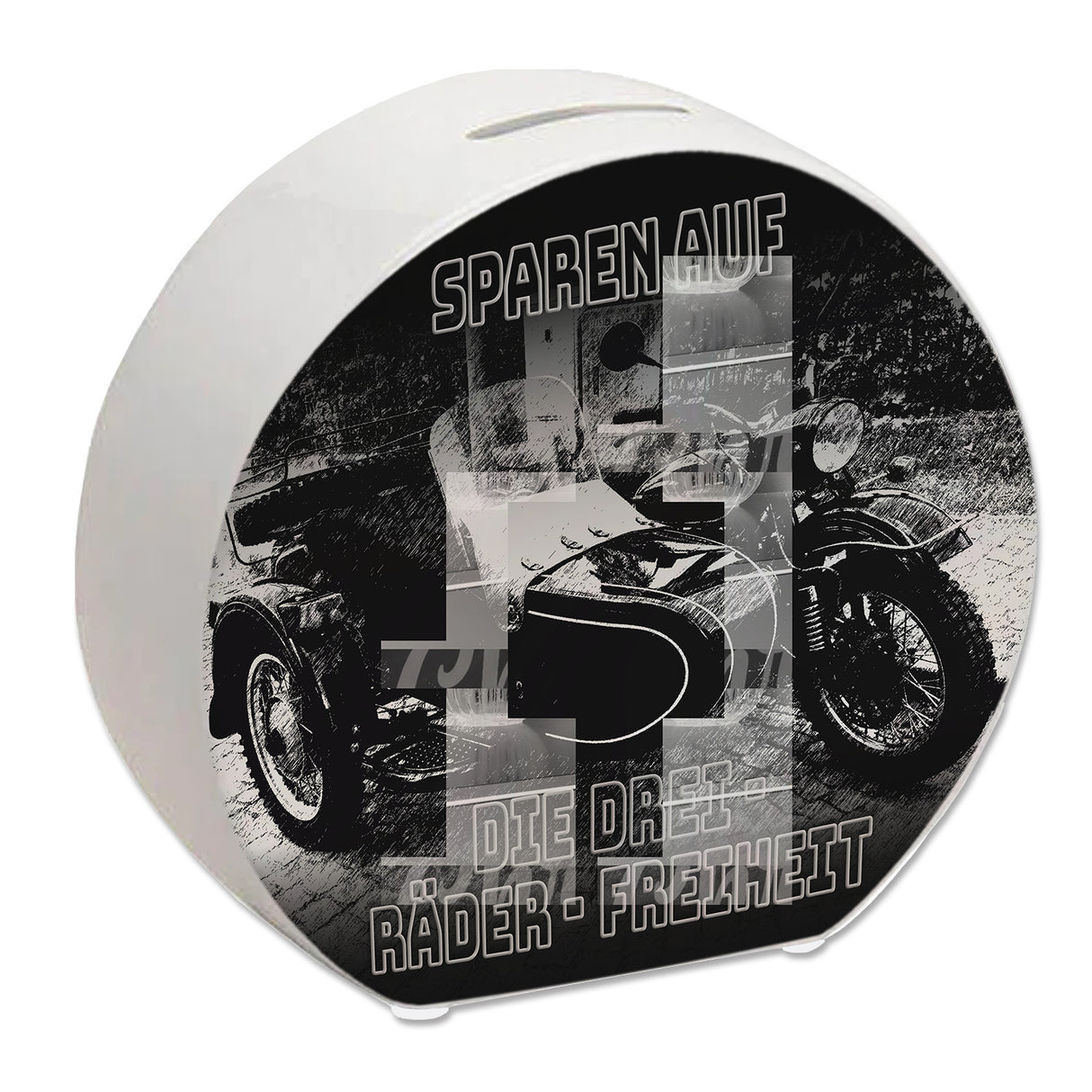 Oldtimermotorrad mit Beiwagen Spardose mit Spruch: Sparen auf die drei Räder Freiheit