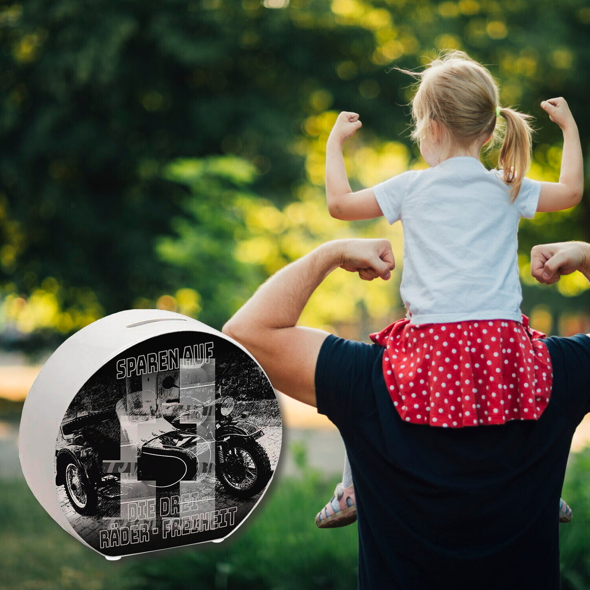 Oldtimermotorrad mit Beiwagen Spardose mit Spruch: Sparen auf die drei Räder Freiheit