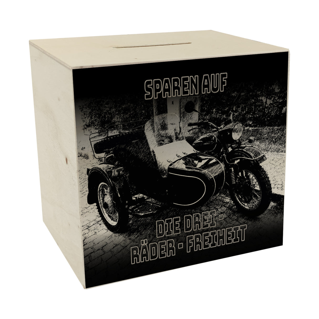 Oldtimermotorrad mit Beiwagen Spardose mit Spruch: Sparen auf die drei Räder Freiheit