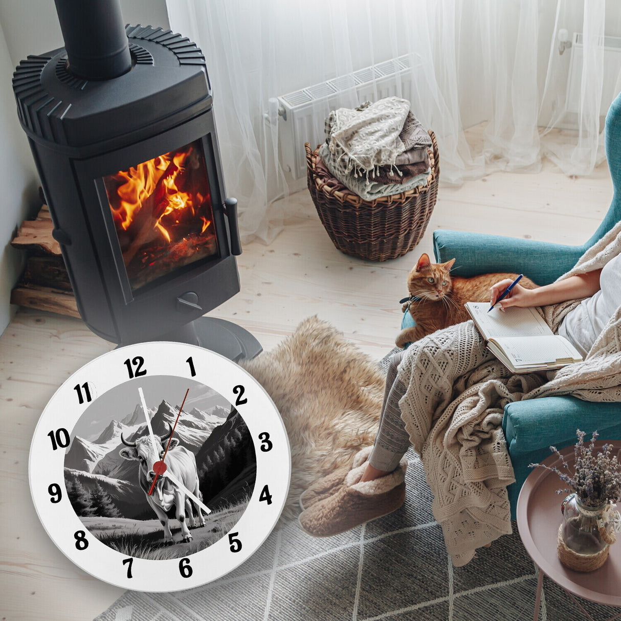 Kuh in den Bergen Wanduhr für Tier-Fans
