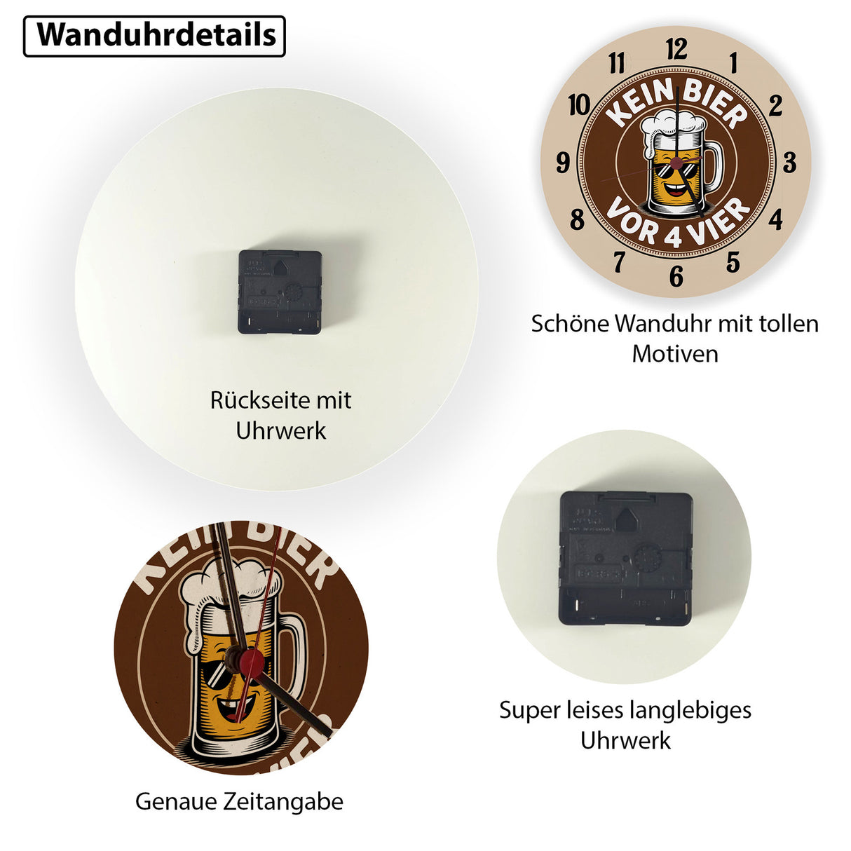 Bierglas Cartoon - Kein Bier vor vier Spruch Wanduhr