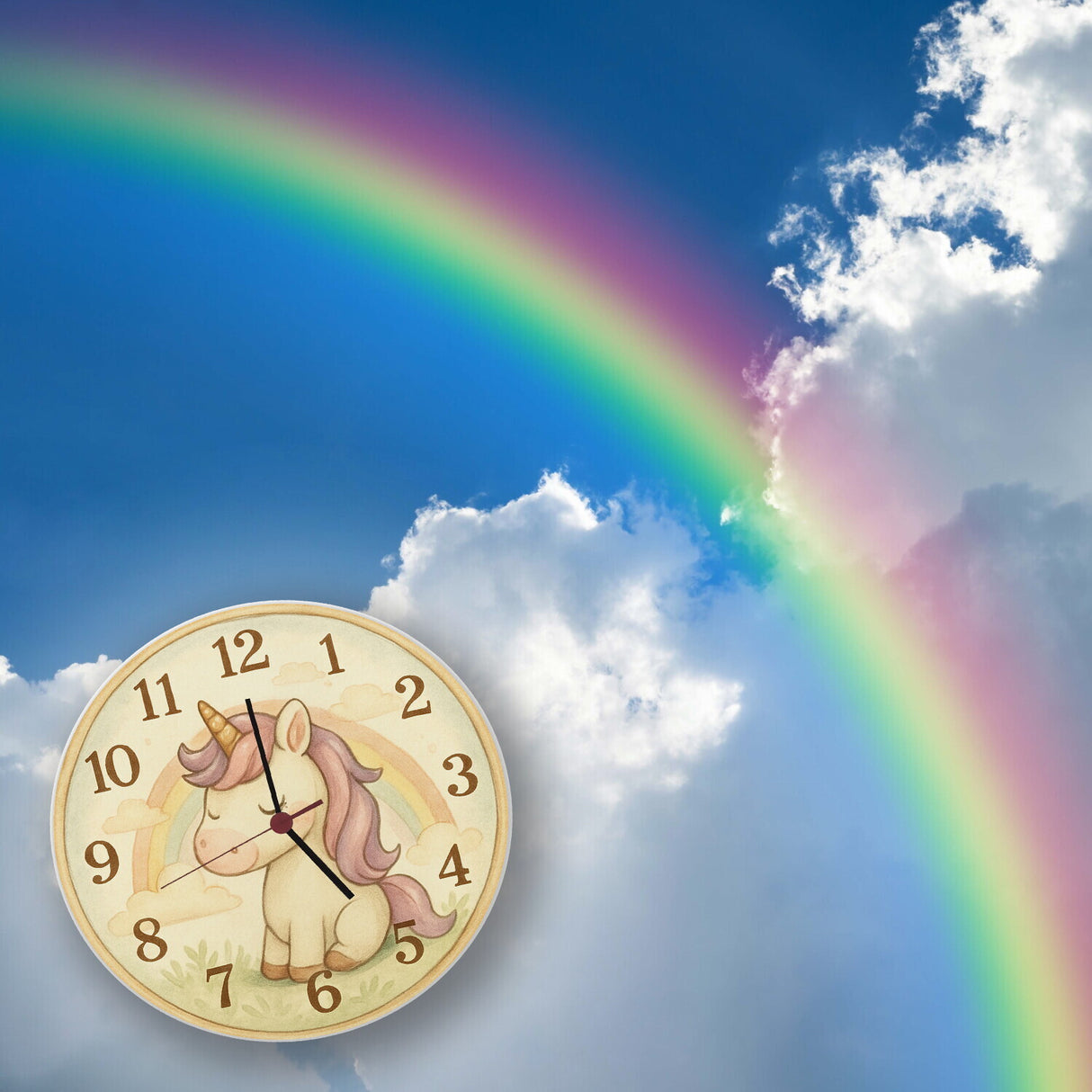 Cartoon Einhorn mit Regenbogen Wanduhr