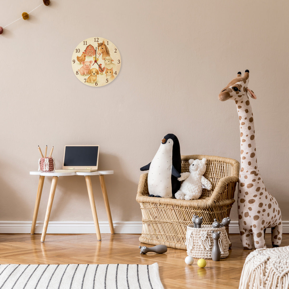 Bauernhoftiere Aquarellstil Wanduhr für Kinderzimmer