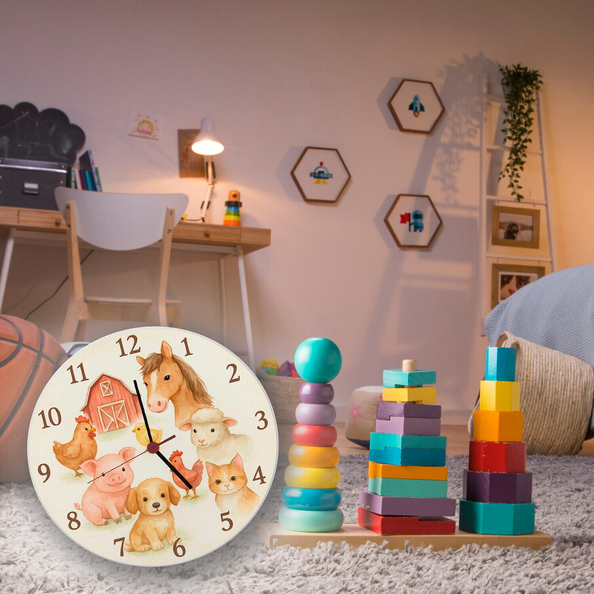 Bauernhoftiere Aquarellstil Wanduhr für Kinderzimmer