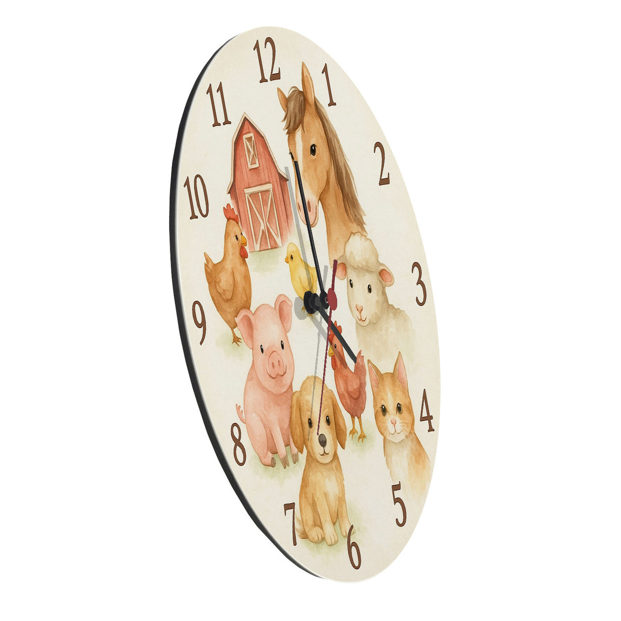 Bauernhoftiere Aquarellstil Wanduhr für Kinderzimmer