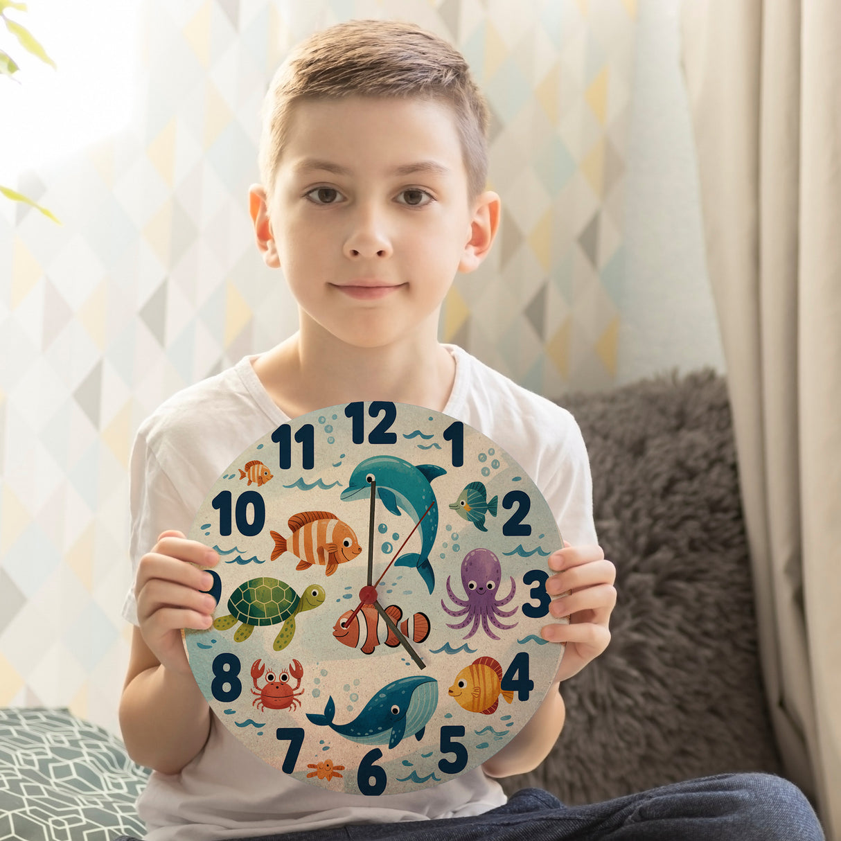 Meerestiere Aquarellstil Kinder Wanduhr