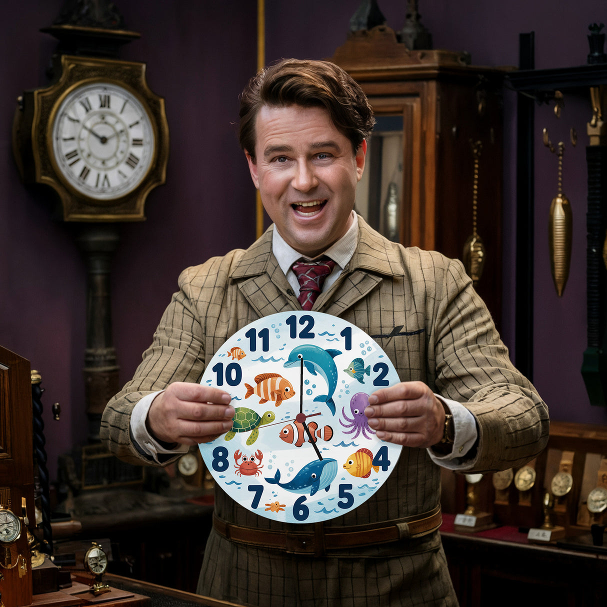 Meerestiere Aquarellstil Kinder Wanduhr