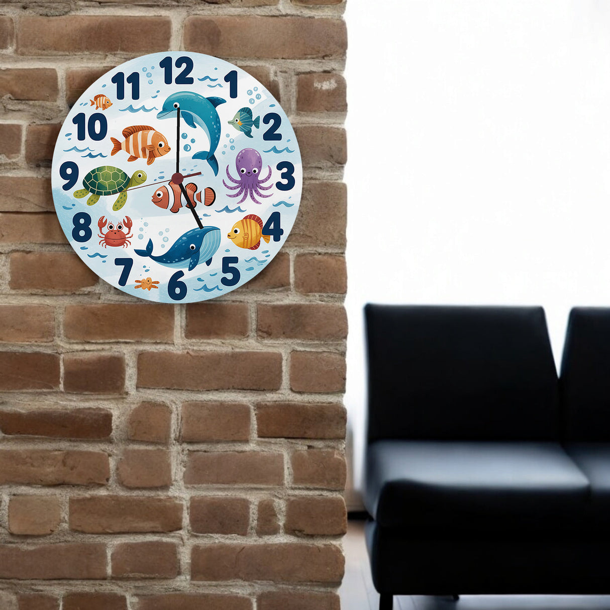Meerestiere Aquarellstil Kinder Wanduhr