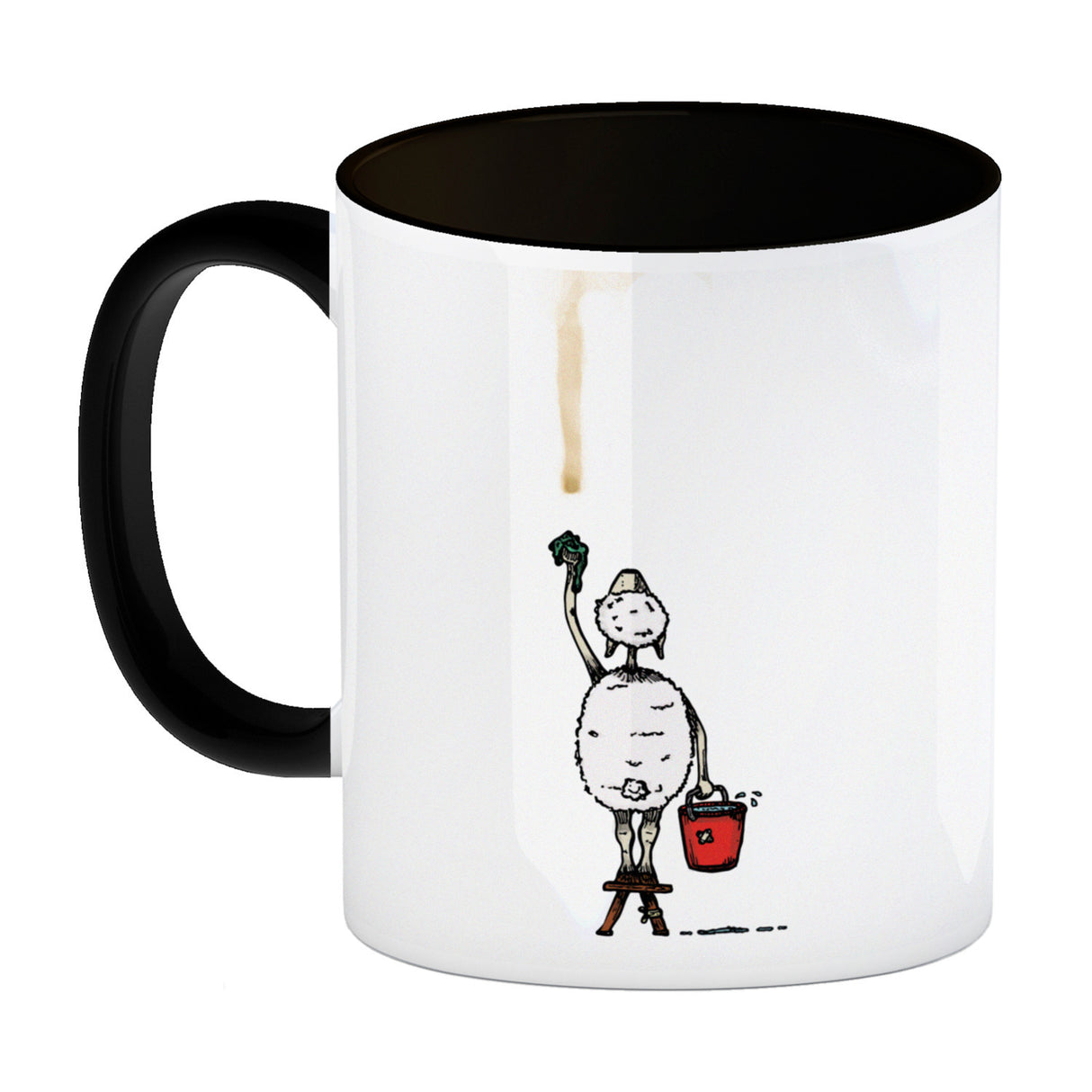 Kaffeebecher mit Putz-Schaf und Kaffeefleck Motiv