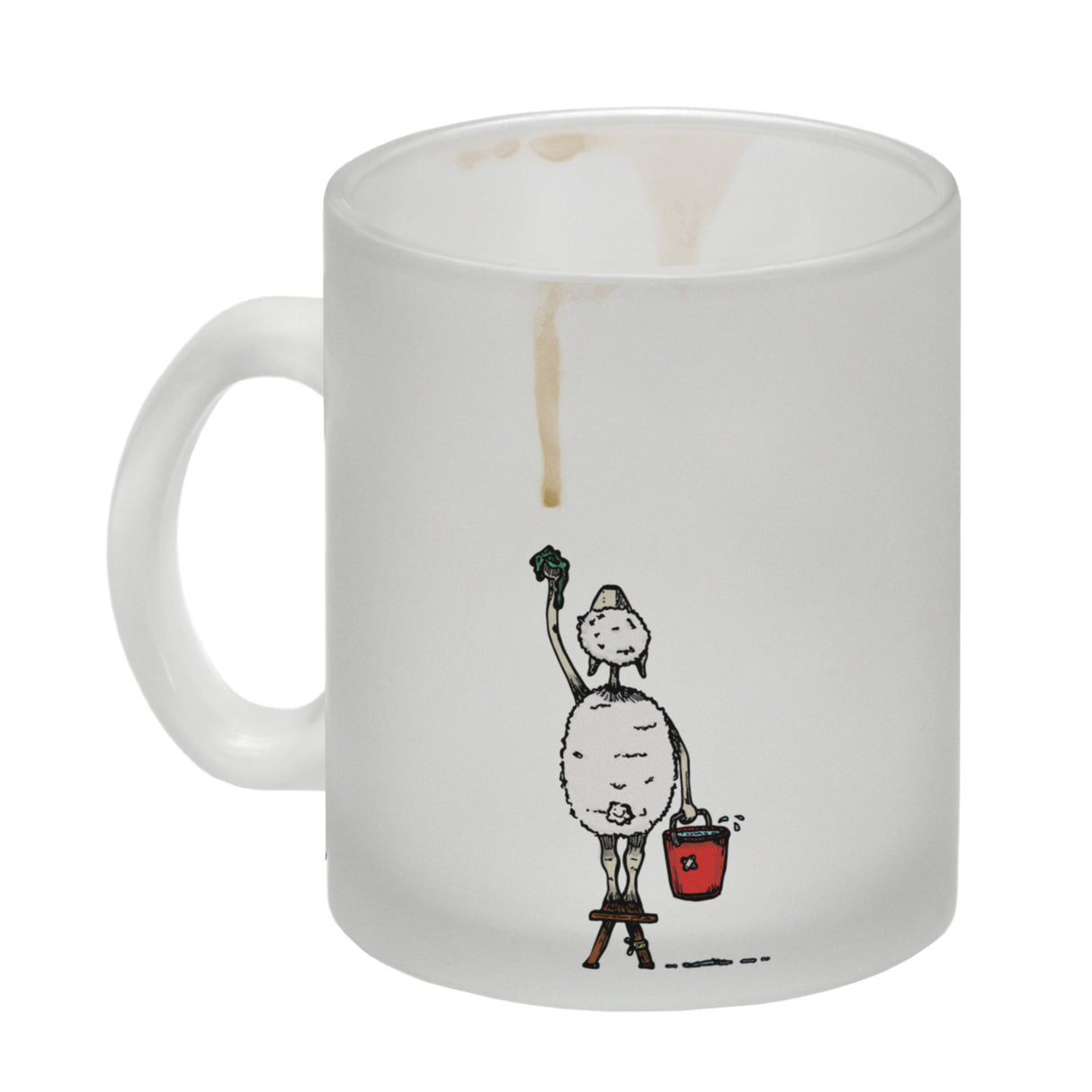 Kaffeebecher mit Putz-Schaf und Kaffeefleck Motiv