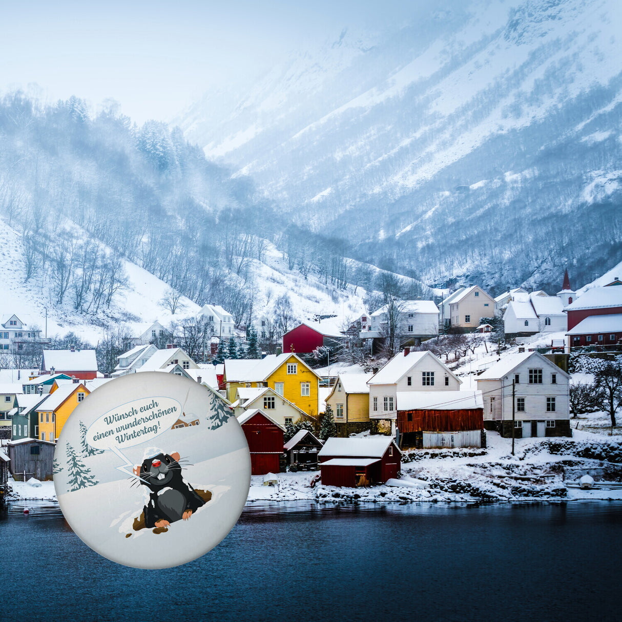 Maulwurf Magnet rund mit Spruch: Wunderschönen Wintertag wünschen!