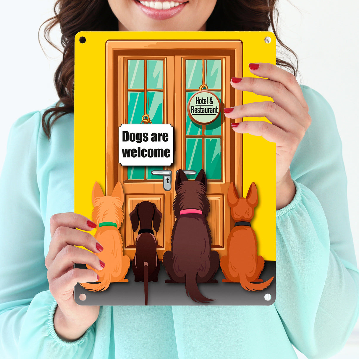 Hotel Türe Metallschild in 15x20 cm mit Spruch: Dogs are welcome