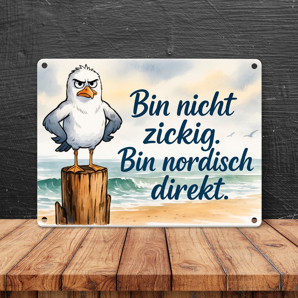Möwe am Strand Metallschild in 15x20 cm mit nordischem Humor
