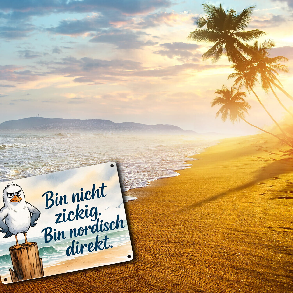 Möwe am Strand Metallschild in 15x20 cm mit nordischem Humor