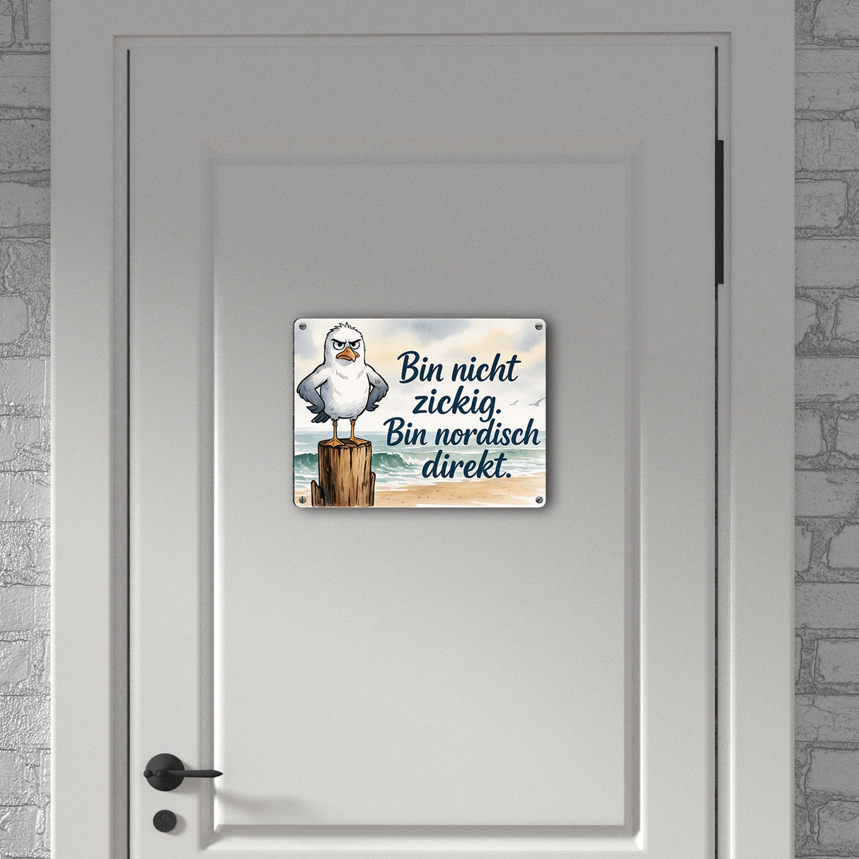 Möwe am Strand Metallschild in 15x20 cm mit nordischem Humor