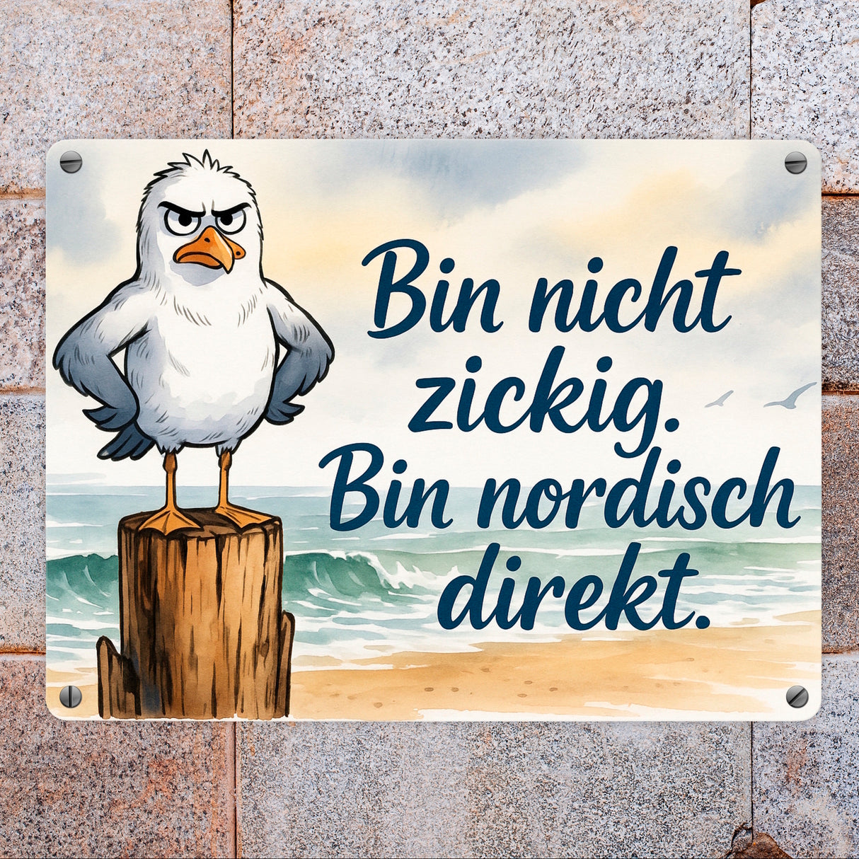 Möwe am Strand Metallschild in 15x20 cm mit nordischem Humor