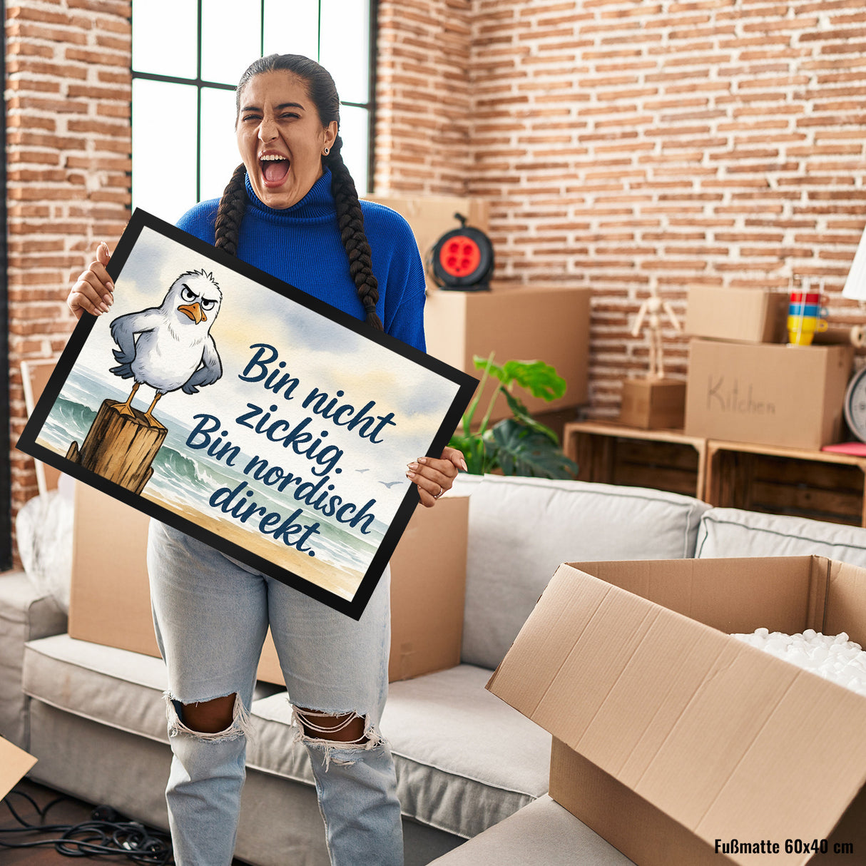 Möwe am Strand Fußmatte in 35x50 cm mit nordischem Humor