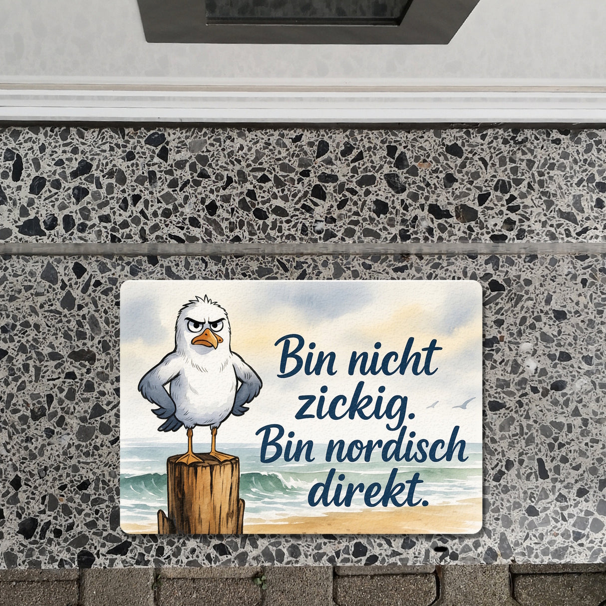 Möwe am Strand Fußmatte in 35x50 cm ohne Rand mit nordischem Humor