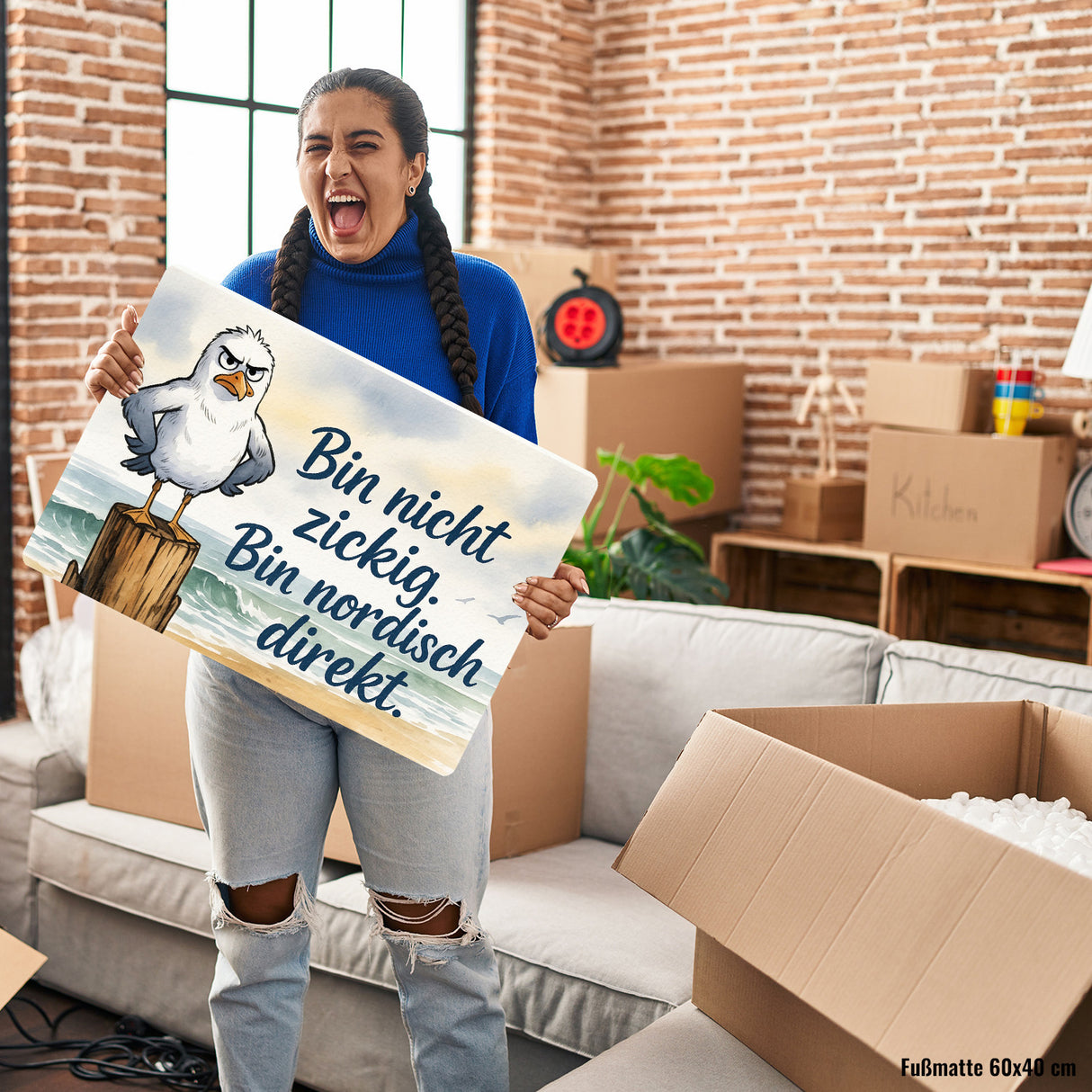 Möwe am Strand Fußmatte in 35x50 cm ohne Rand mit nordischem Humor