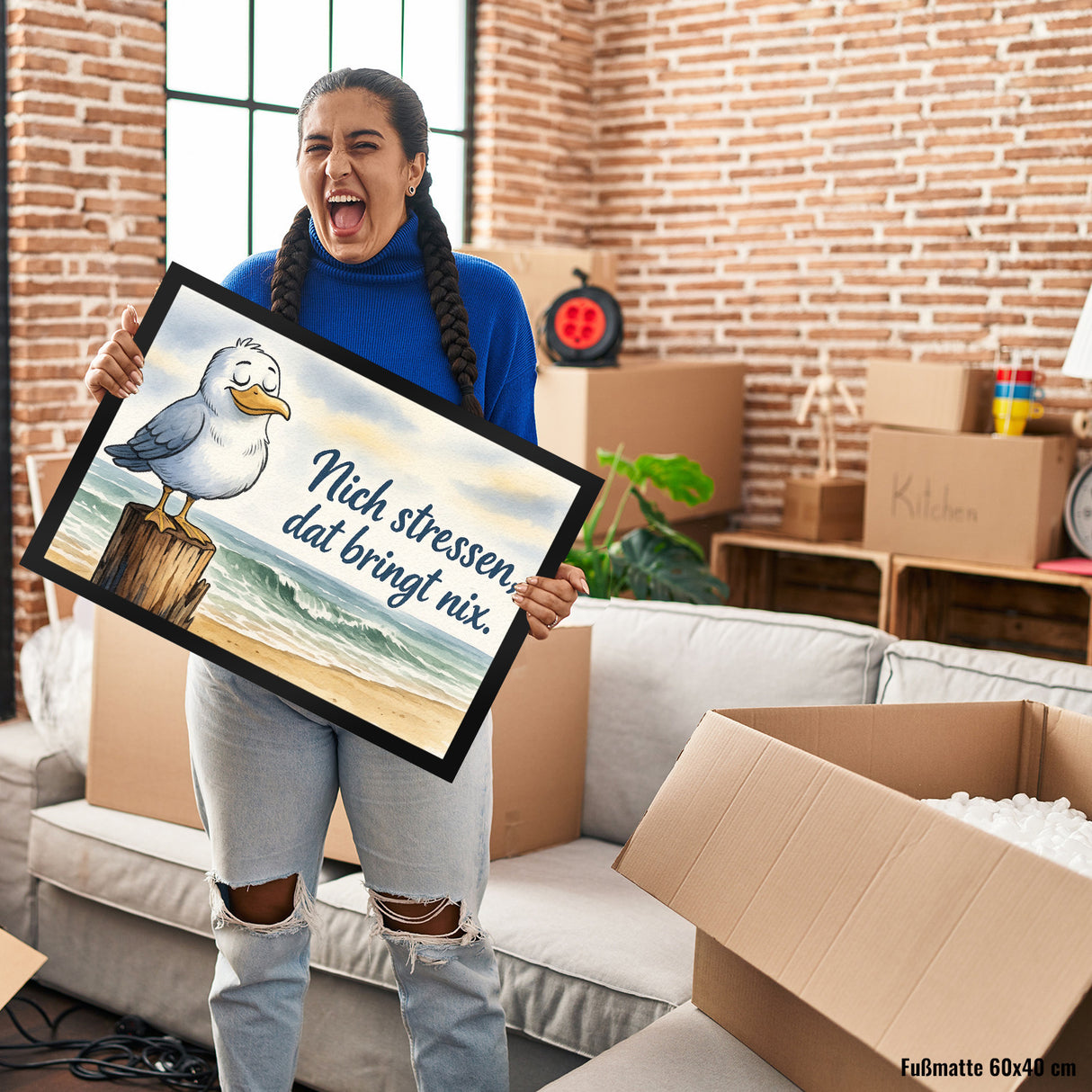 Möwe Nich stressen auf Aquarell Fußmatte in 35x50 cm