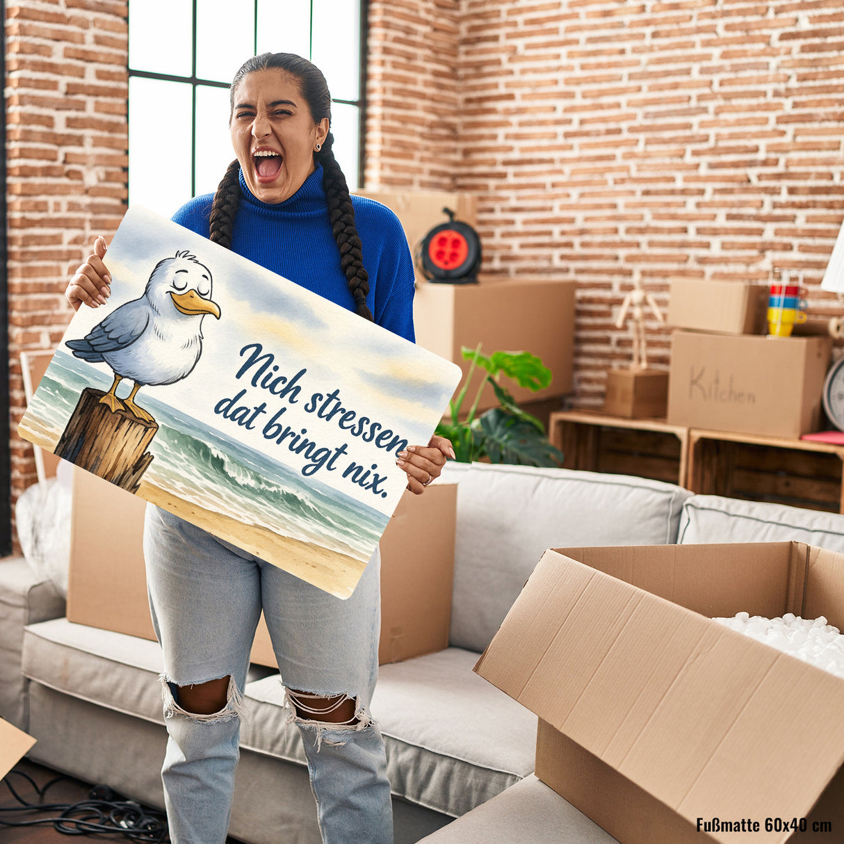 Möwe Nich stressen auf Aquarell Fußmatte in 35x50 cm ohne Rand
