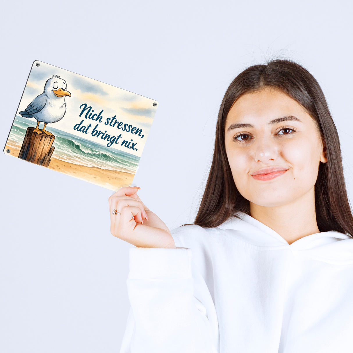 Möwe Nich stressen auf Aquarell Metallschild in 15x20 cm