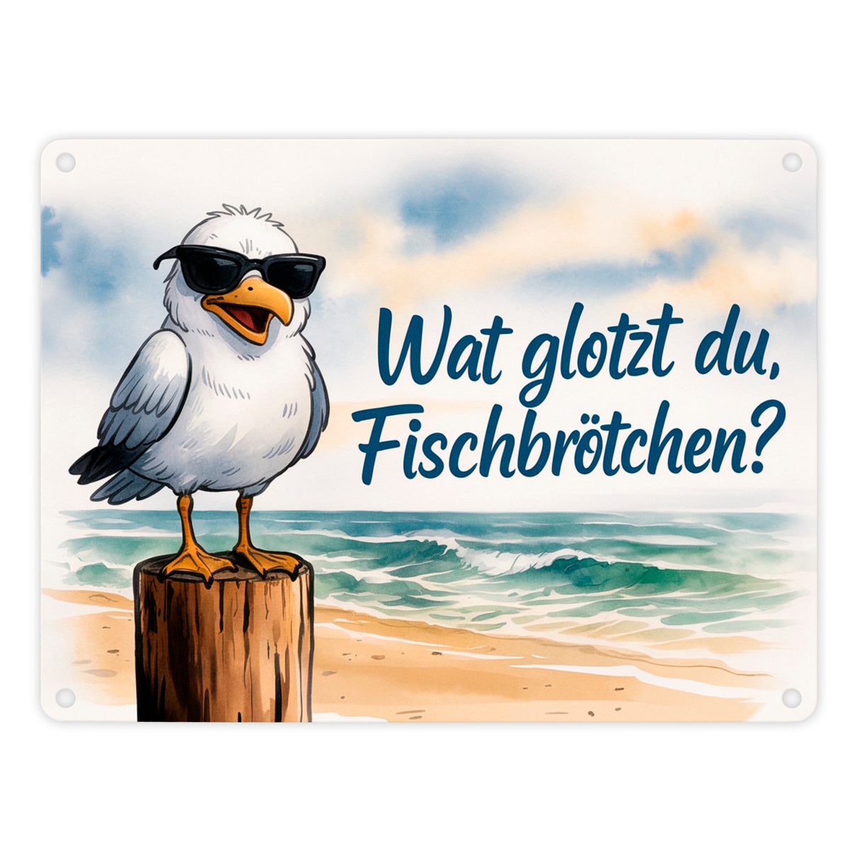 Wat glotzt du, Fischbrötchen? Möwe mit Sonnenbrille Metallschild in 15x20 cm