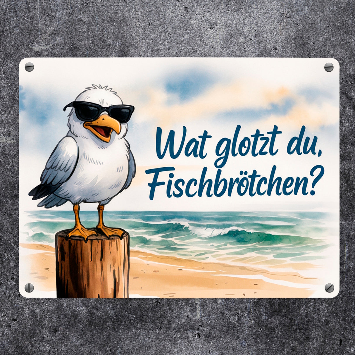 Wat glotzt du, Fischbrötchen? Möwe mit Sonnenbrille Metallschild in 15x20 cm