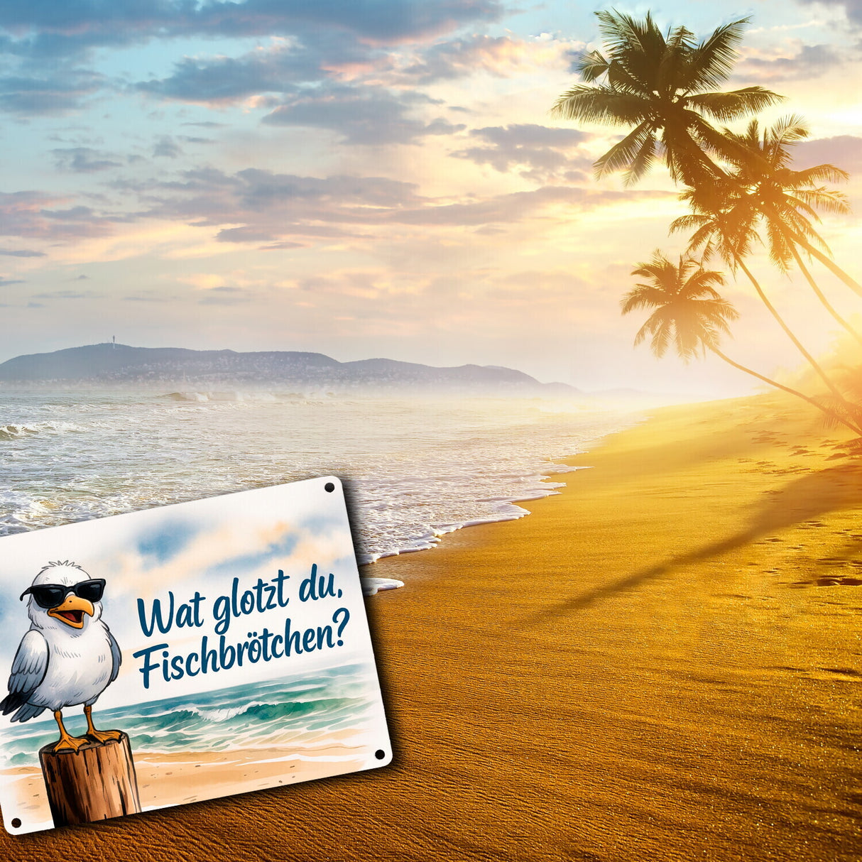 Wat glotzt du, Fischbrötchen? Möwe mit Sonnenbrille Metallschild in 15x20 cm