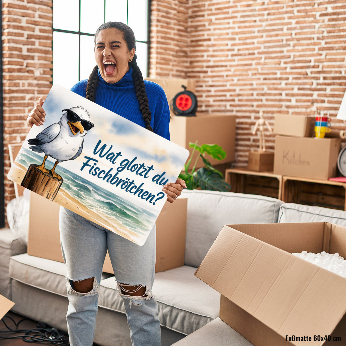 Wat glotzt du, Fischbrötchen? Möwe mit Sonnenbrille Fußmatte in 35x50 cm ohne Rand