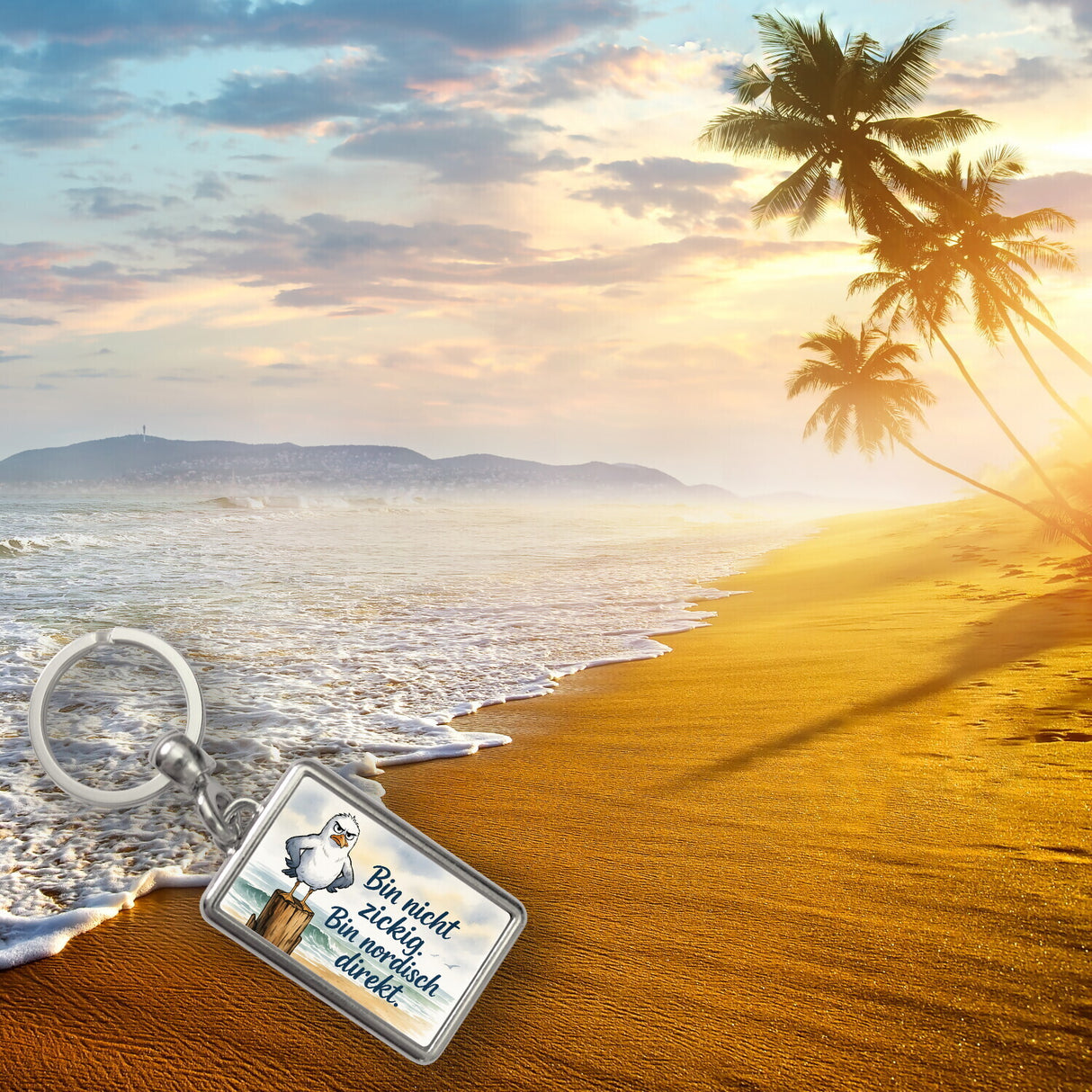 Möwe am Strand Schlüsselanhänger mit nordischem Humor