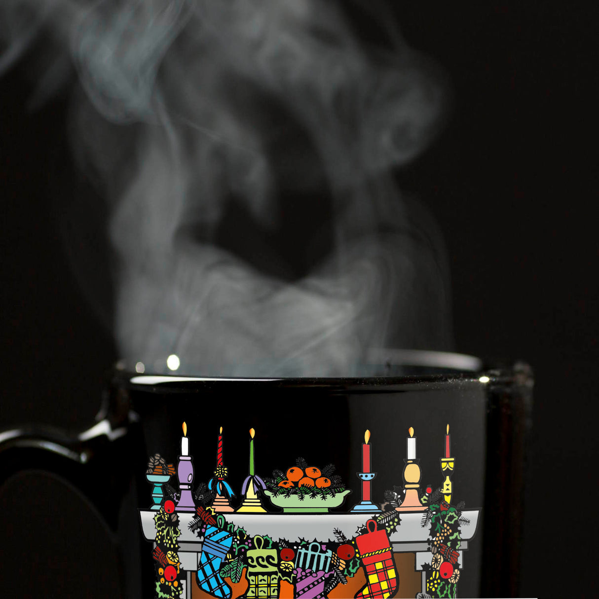 Weihnachtlicher Kamin Tasse in Schwarz mit Spruch Frohe Weihnachten