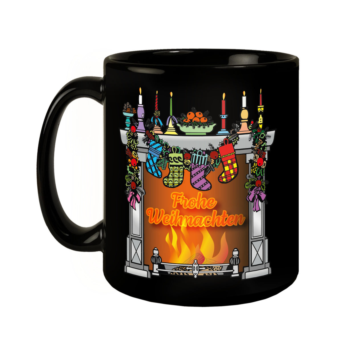 Weihnachtlicher Kamin Tasse in Schwarz mit Spruch Frohe Weihnachten