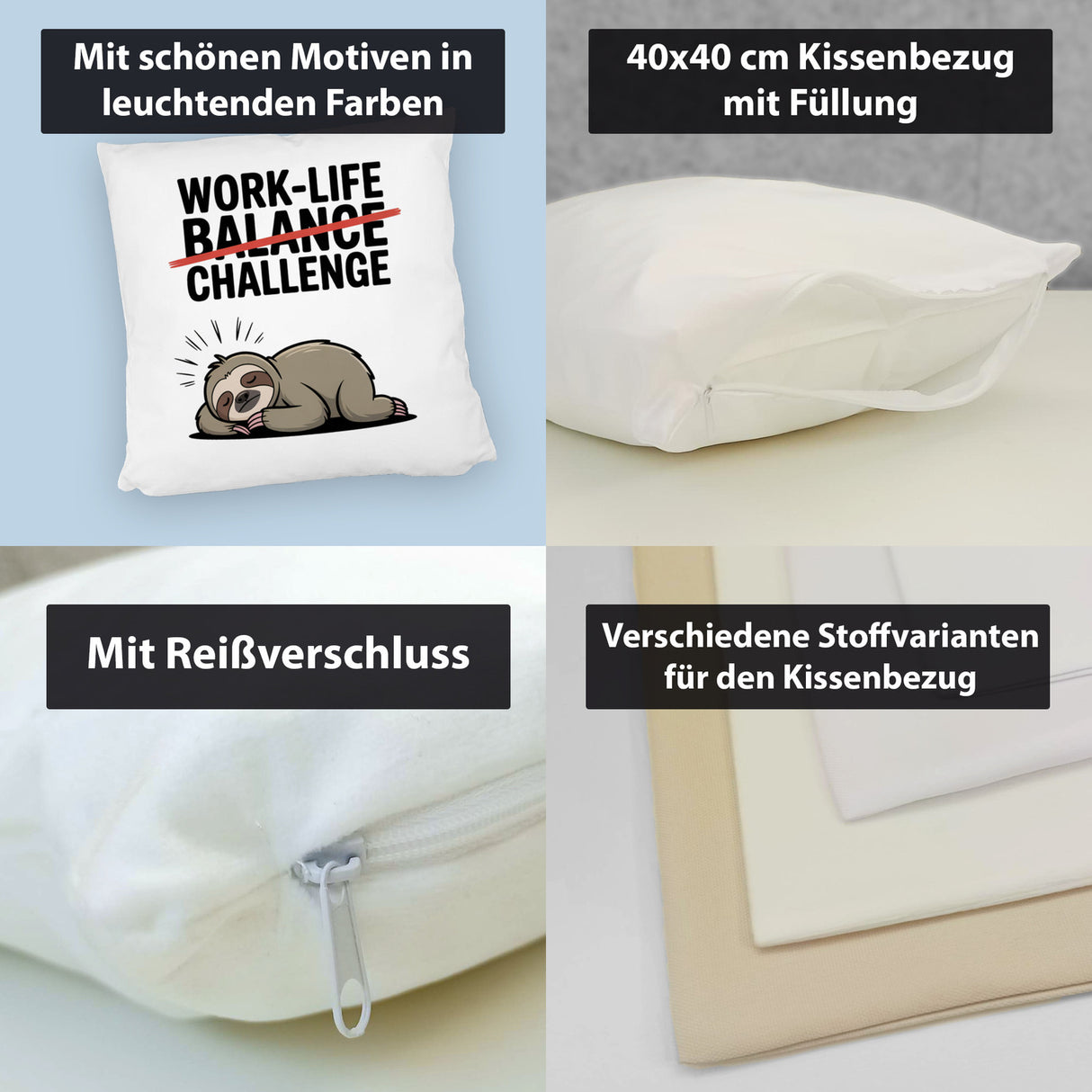 Work-Life Balance/Challenge Kissen mit Faultier