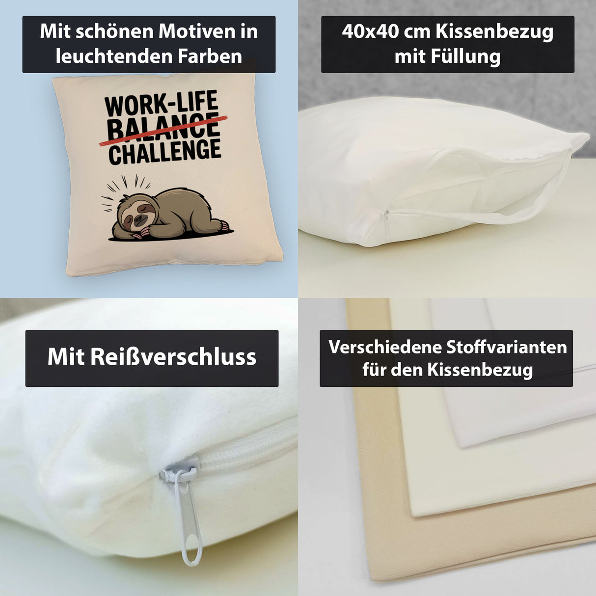 Work-Life Balance/Challenge Kissen mit Faultier