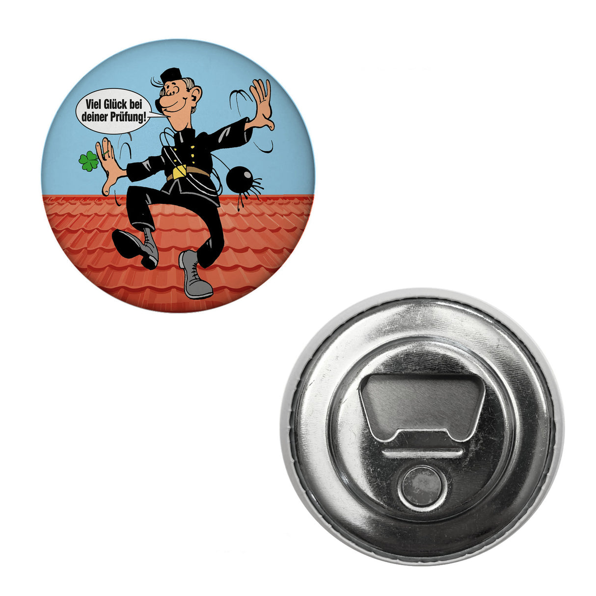 Kaminfeger Magnet rund mit Spruch: Viel Glück bei deiner Prüfung