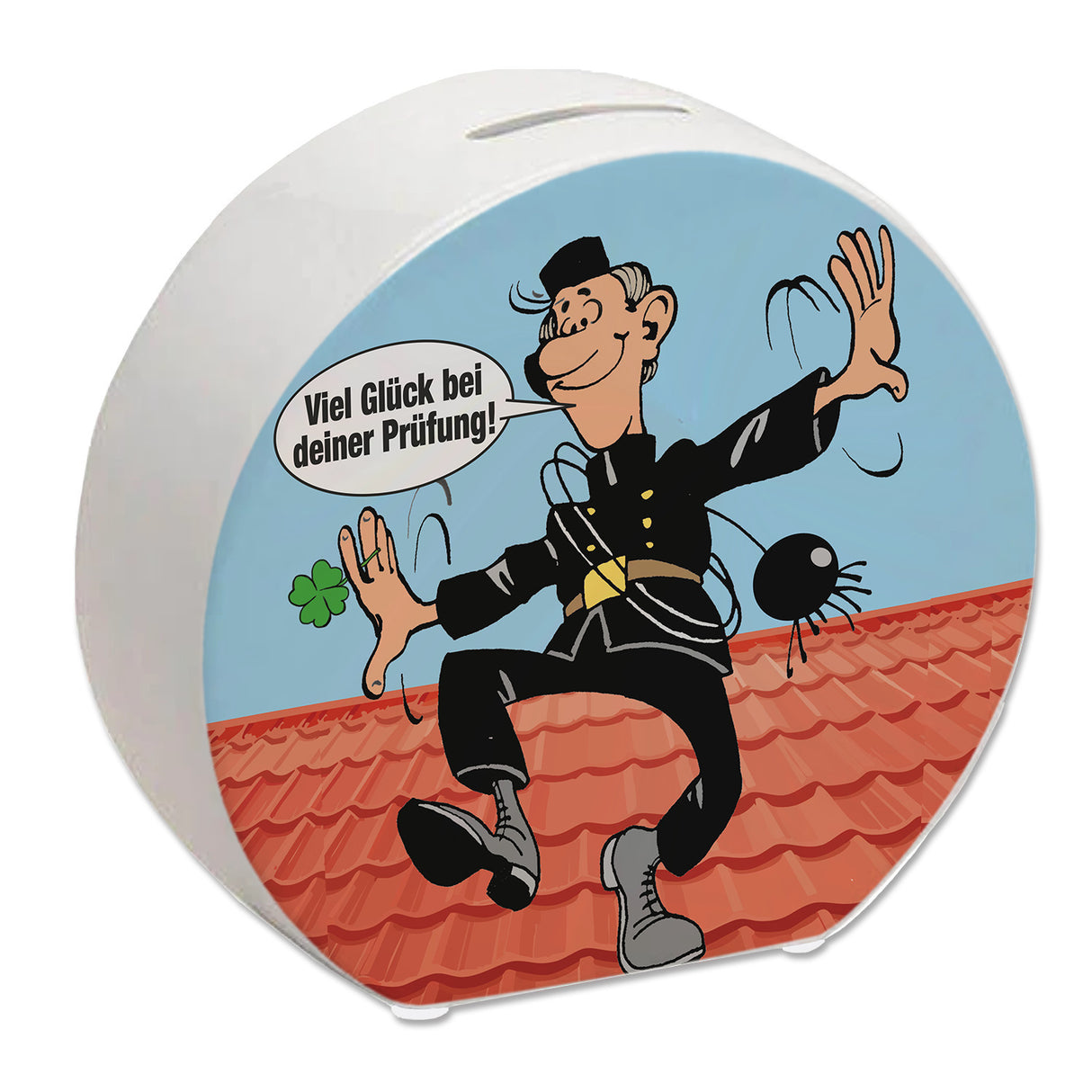 Kaminfeger Spardose mit Spruch: Viel Glück bei deiner Prüfung